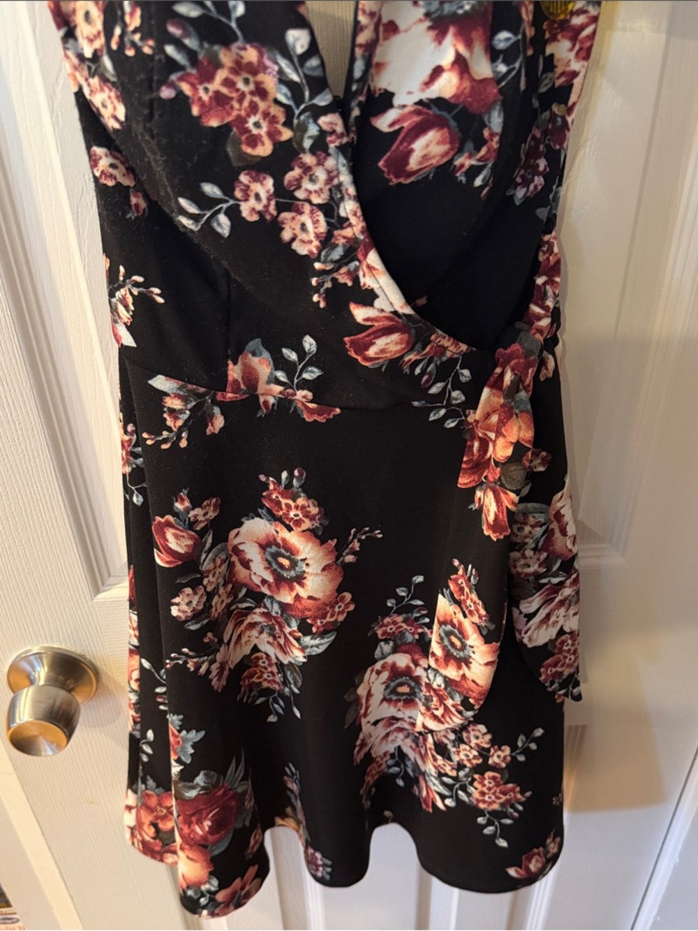 Black Floral strapless Wrap Dress with Burgundy and Cream Blooms